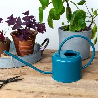 Blue metal watering can with curved handle and long spout.