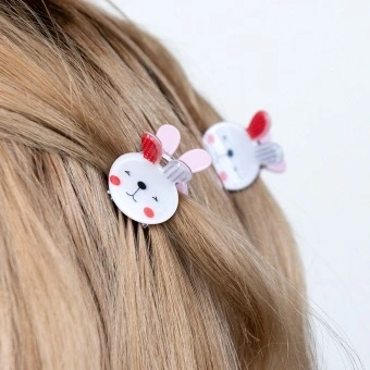 Set of two mini rabbit-shaped hair claw clips with white faces and pink ear details.