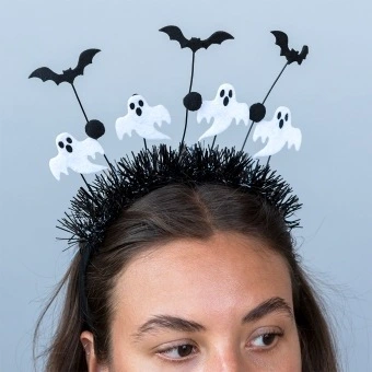Halloween headband with black tinsel, ghost decorations and bats.