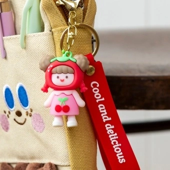 Copilot said:  Cherry girl bag charm with red cherry hat, pink outfit, silicone wrist strap and keyring
