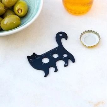 Black cat-shaped multi-tool with ruler and wrench cut-outs.