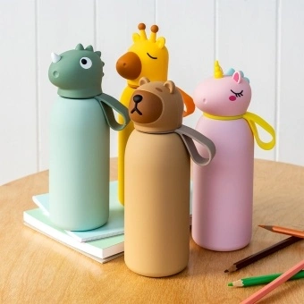Children’s animal-themed reusable water bottles with carry straps