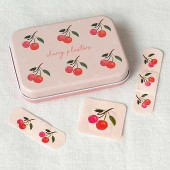 Cherry-themed plasters in a pink tin with individual plasters shown.