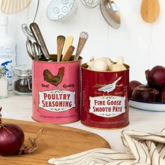 Set of two retro-style storage tins with poultry seasoning and goose pâté designs