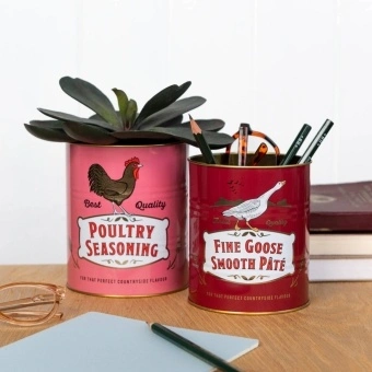 Set of two retro-style storage tins with poultry seasoning and goose pâté designs