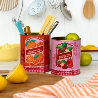 Set of two retro-style storage tins with marmalade and wild strawberry preserve designs