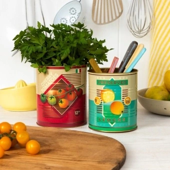 Set of two retro-style storage tins with cherry tomatoes and lemons designs