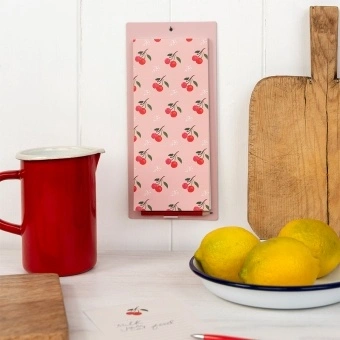 Cherry print magnetic shopping list notepad with matching pencil and pink backing board