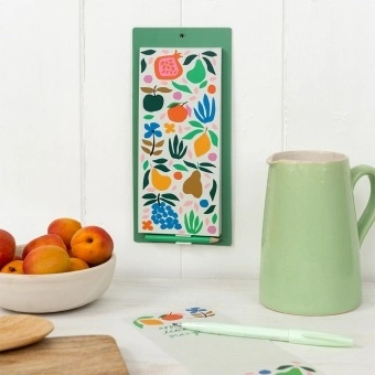 Fruit print magnetic shopping list notepad with colourful botanical design and pencil