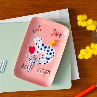 Rectangular pink trinket tray with cat design 
