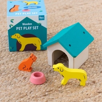 Wooden pet play set with dog, cat, kennel, bowl and illustrated storage box