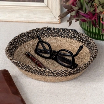 Conical jute bowl in natural and black.