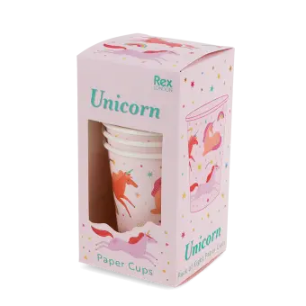 Pack of eight pink paper cups with colourful unicorn and rainbow design in packaging
