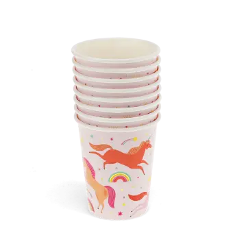 Pack of eight pink paper cups with colourful unicorn and rainbow design.