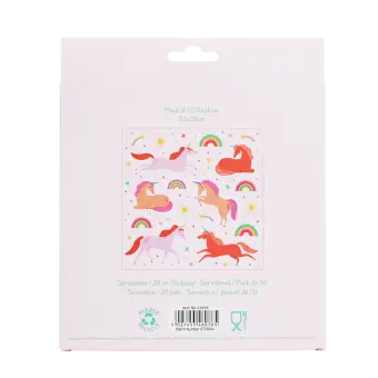 Back of unicorn napkhins packaging showing barcode and unicorn print