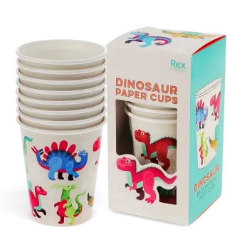 Pack of eight paper cups with colourful baby dinosaur design placed beside packaging box.