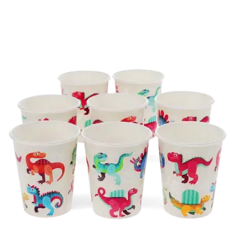 Pack of eight paper cups with colourful baby dinosaur design.