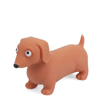 Squeezy squishy toy shaped like a brown sausage dog with floppy ears and a cute face.