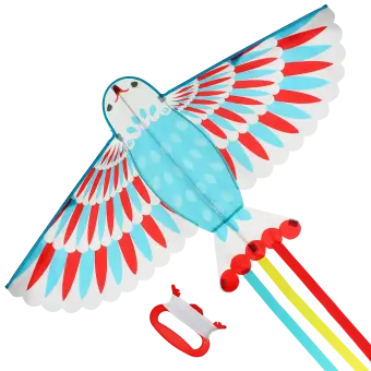 Colorful bird-shaped kite with long tail ribbons, and a red handle with string