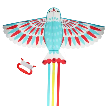 Colorful bird-shaped kite with long tail ribbons, and a red handle with string