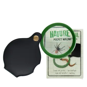 Nature Trail pocket magnifying glass with green frame, black leather case, and illustrated packaging.