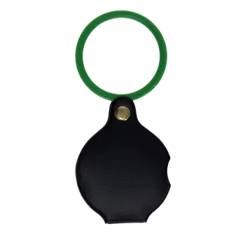 Nature Trail pocket magnifying glass with green frame, black leather case.