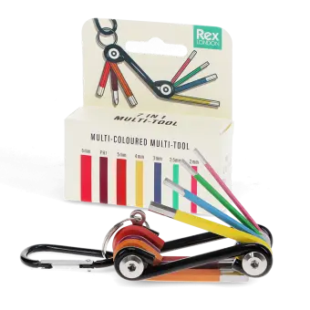 7-in-1 multi-coloured multi-tool with hex keys and screwdriver bits, shown with packaging.