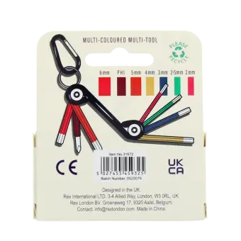 7-in-1 multi-coloured multi-tool with hex keys and screwdriver bits in packaging