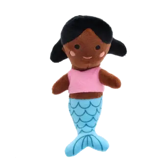 Mini mermaid soft toy with black hair, pink top, and blue tail with scale pattern