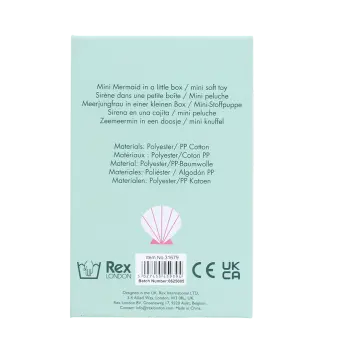 Back of mini mermaid soft toy packaging showing descriptions and barcode.
