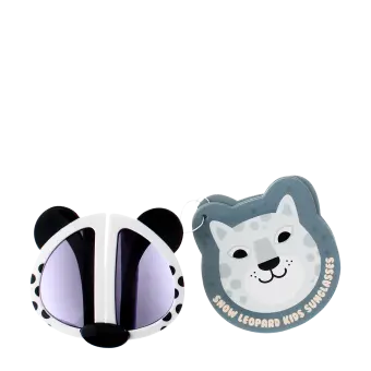 sunglasses with white snow leopard design, black spots, and dark lenses with tag