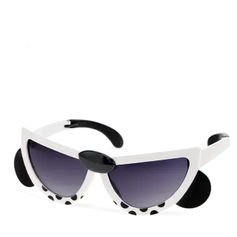 sunglasses with white snow leopard design, black spots, and dark lenses