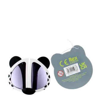 sunglasses with white snow leopard design, black spots, and dark lenses with tag showing safety warnings.