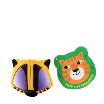 sunglasses with yellow tiger design, black stripes, and dark lenses with tag.