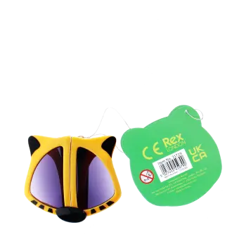 sunglasses with yellow tiger design, black stripes, and dark lenses with tag showing safety warnings.