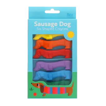 Set of six sausage dog-shaped crayons in yellow, purple, red, blue, green, and orange in packaging.
