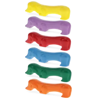 Set of six sausage dog-shaped crayons in yellow, purple, red, blue, green, and orange.