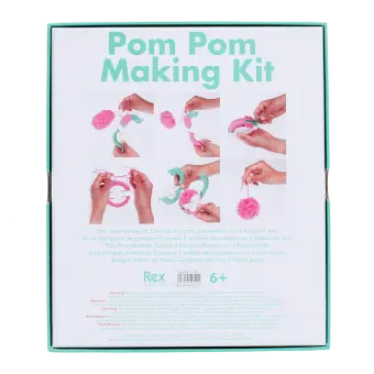 Back of Pom Pom Making Kit box showing step‑by‑step pom‑pom making instructions.