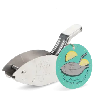Fish‑shaped stainless steel manual lemon squeezer with tag