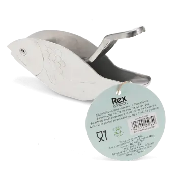 Fish‑shaped stainless steel manual lemon squeezer with tag 