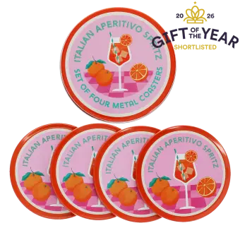 Four round coaster with Italian Aperitivo Spritz design and storage tin