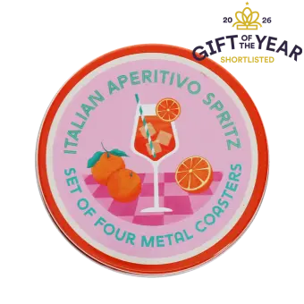 Four round coaster with Italian Aperitivo Spritz design in a storage tin