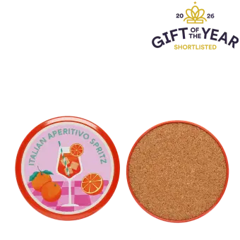 Four round coaster with Italian Aperitivo Spritz design in a storage tin