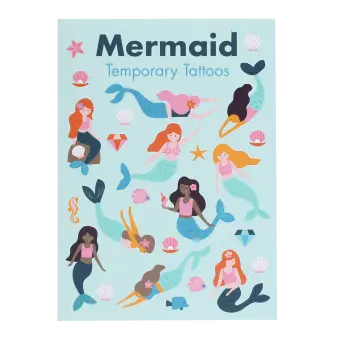 colourful mermaid temporary tattoos with seashells, starfish, and ocean icons print