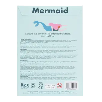 Back of mermaid temporary tattoos packaging with safey warnings and barcdoe
