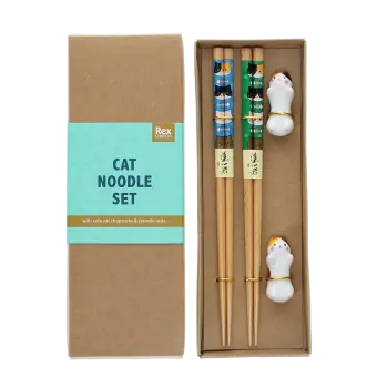 Cat-themed chopsticks set with two ceramic rests in a gift box.