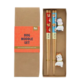 Dog-themed chopsticks set with two ceramic rests in a gift box.