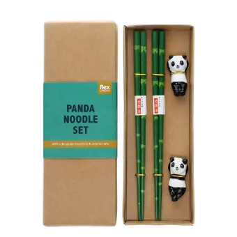Green bamboo-themed chopsticks set with two panda ceramic rests in a gift box.