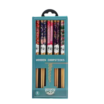 Box of five pairs of wooden chopsticks with colorful floral designs