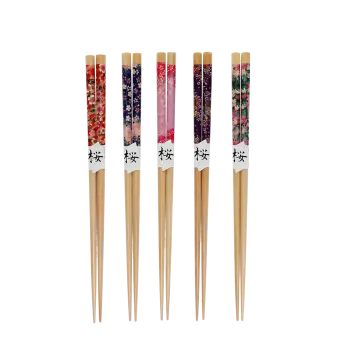 five pairs of wooden chopsticks with colorful floral designs